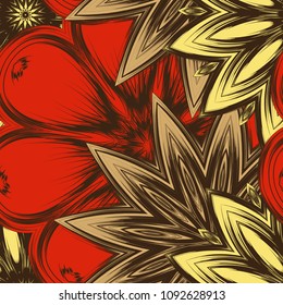 Seamless floral background. Tracery handmade nature ethnic fabric backdrop pattern with flowers. Textile design texture. Decorative color art. Vector