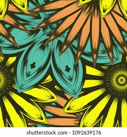Seamless floral background. Tracery handmade nature ethnic fabric backdrop pattern with flowers. Textile design texture. Decorative color art. Vector