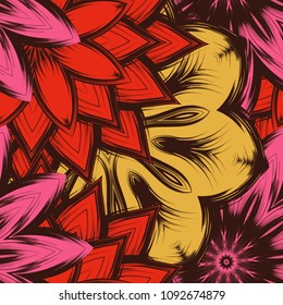 Seamless floral background. Tracery handmade nature ethnic fabric backdrop pattern with flowers. Textile design texture. Decorative color art. Vector