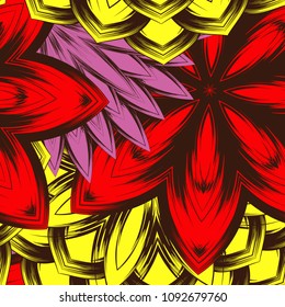 Seamless floral background. Tracery handmade nature ethnic fabric backdrop pattern with flowers. Textile design texture. Decorative color art. Vector