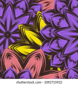 Seamless floral background. Tracery handmade nature ethnic fabric backdrop pattern with flowers. Textile design texture. Decorative color art. Vector