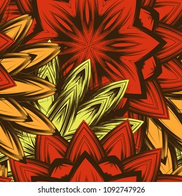 Seamless floral background. Tracery handmade nature ethnic fabric backdrop pattern with flowers. Textile design texture. Decorative color art. Vector