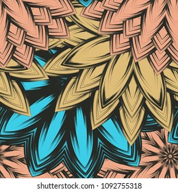 Seamless floral background. Tracery handmade nature ethnic fabric backdrop pattern with flowers. Textile design texture. Decorative color art. Vector