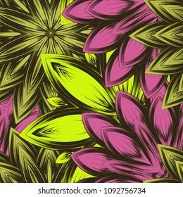 Seamless floral background. Tracery handmade nature ethnic fabric backdrop pattern with flowers. Textile design texture. Decorative color art. Vector