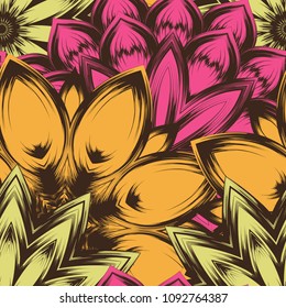 Seamless floral background. Tracery handmade nature ethnic fabric backdrop pattern with flowers. Textile design texture. Decorative color art. Vector