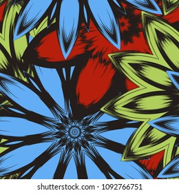 Seamless floral background. Tracery handmade nature ethnic fabric backdrop pattern with flowers. Textile design texture. Decorative color art. Vector