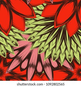 Seamless floral background. Tracery handmade nature ethnic fabric backdrop pattern with flowers. Textile design texture. Decorative color art. Vector