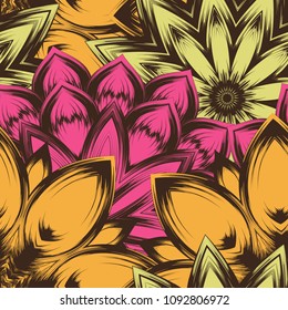 Seamless floral background. Tracery handmade nature ethnic fabric backdrop pattern with flowers. Textile design texture. Decorative color art. Vector