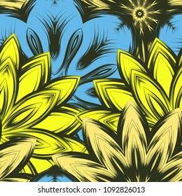 Seamless floral background. Tracery handmade nature ethnic fabric backdrop pattern with flowers. Textile design texture. Decorative color art. Vector