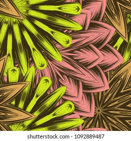 Seamless floral background. Tracery handmade nature ethnic fabric backdrop pattern with flowers. Textile design texture. Decorative color art. Vector