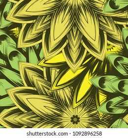 Seamless floral background. Tracery handmade nature ethnic fabric backdrop pattern with flowers. Textile design texture. Decorative color art. Vector