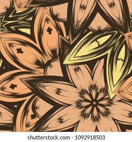 Seamless floral background. Tracery handmade nature ethnic fabric backdrop pattern with flowers. Textile design texture. Decorative color art. Vector