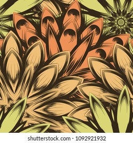 Seamless floral background. Tracery handmade nature ethnic fabric backdrop pattern with flowers. Textile design texture. Decorative color art. Vector