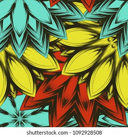 Seamless floral background. Tracery handmade nature ethnic fabric backdrop pattern with flowers. Textile design texture. Decorative color art. Vector