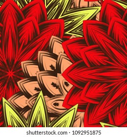 Seamless floral background. Tracery handmade nature ethnic fabric backdrop pattern with flowers. Textile design texture. Decorative color art. Vector
