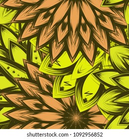 Seamless floral background. Tracery handmade nature ethnic fabric backdrop pattern with flowers. Textile design texture. Decorative color art. Vector