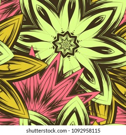 Seamless floral background. Tracery handmade nature ethnic fabric backdrop pattern with flowers. Textile design texture. Decorative color art. Vector