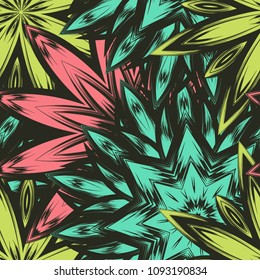 Seamless floral background. Tracery handmade nature ethnic fabric backdrop pattern with flowers. Textile design texture. Decorative color art. Vector