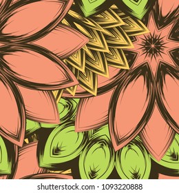 Seamless floral background. Tracery handmade nature ethnic fabric backdrop pattern with flowers. Textile design texture. Decorative color art. Vector