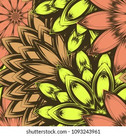 Seamless floral background. Tracery handmade nature ethnic fabric backdrop pattern with flowers. Textile design texture. Decorative color art. Vector