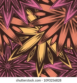 Seamless floral background. Tracery handmade nature ethnic fabric backdrop pattern with flowers. Textile design texture. Decorative color art. Vector