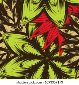 Seamless floral background. Tracery handmade nature ethnic fabric backdrop pattern with flowers. Textile design texture. Decorative color art. Vector