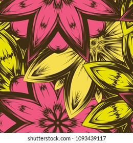 Seamless floral background. Tracery handmade nature ethnic fabric backdrop pattern with flowers. Textile design texture. Decorative color art. Vector