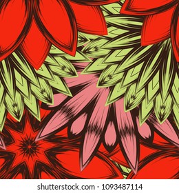 Seamless floral background. Tracery handmade nature ethnic fabric backdrop pattern with flowers. Textile design texture. Decorative color art. Vector