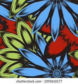 Seamless floral background. Tracery handmade nature ethnic fabric backdrop pattern with flowers. Textile design texture. Decorative color art. Vector