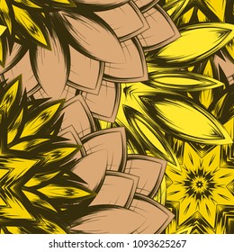 Seamless floral background. Tracery handmade nature ethnic fabric backdrop pattern with flowers. Textile design texture. Decorative color art. Vector
