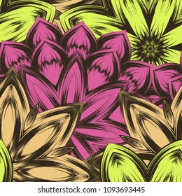 Seamless floral background. Tracery handmade nature ethnic fabric backdrop pattern with flowers. Textile design texture. Decorative color art. Vector