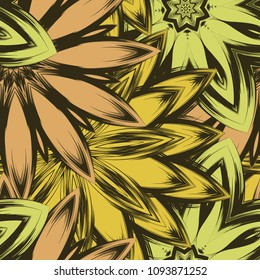 Seamless floral background. Tracery handmade nature ethnic fabric backdrop pattern with flowers. Textile design texture. Decorative color art. Vector