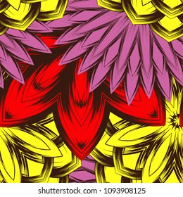 Seamless floral background. Tracery handmade nature ethnic fabric backdrop pattern with flowers. Textile design texture. Decorative color art. Vector