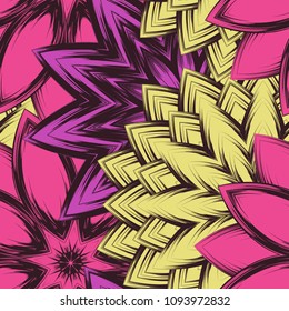 Seamless floral background. Tracery handmade nature ethnic fabric backdrop pattern with flowers. Textile design texture. Decorative color art. Vector