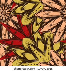 Seamless floral background. Tracery handmade nature ethnic fabric backdrop pattern with flowers. Textile design texture. Decorative color art. Vector