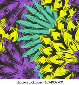 Seamless floral background. Tracery handmade nature ethnic fabric backdrop pattern with flowers. Textile design texture. Decorative color art. Vector