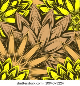 Seamless floral background. Tracery handmade nature ethnic fabric backdrop pattern with flowers. Textile design texture. Decorative color art. Vector