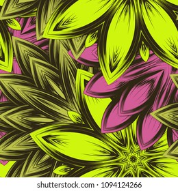 Seamless floral background. Tracery handmade nature ethnic fabric backdrop pattern with flowers. Textile design texture. Decorative color art. Vector