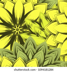 Seamless floral background. Tracery handmade nature ethnic fabric backdrop pattern with flowers. Textile design texture. Decorative color art. Vector