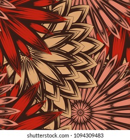 Seamless floral background. Tracery handmade nature ethnic fabric backdrop pattern with flowers. Textile design texture. Decorative color art. Vector