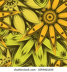 Seamless floral background. Tracery handmade nature ethnic fabric backdrop pattern with flowers. Textile design texture. Decorative color art. Vector