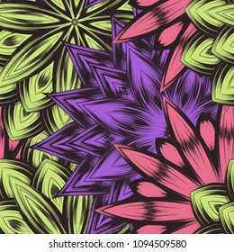 Seamless floral background. Tracery handmade nature ethnic fabric backdrop pattern with flowers. Textile design texture. Decorative color art. Vector