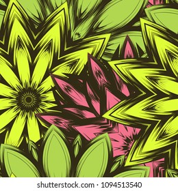 Seamless floral background. Tracery handmade nature ethnic fabric backdrop pattern with flowers. Textile design texture. Decorative color art. Vector