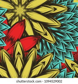 Seamless floral background. Tracery handmade nature ethnic fabric backdrop pattern with flowers. Textile design texture. Decorative color art. Vector
