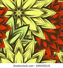 Seamless floral background. Tracery handmade nature ethnic fabric backdrop pattern with flowers. Textile design texture. Decorative color art. Vector