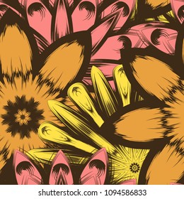 Seamless floral background. Tracery handmade nature ethnic fabric backdrop pattern with flowers. Textile design texture. Decorative color art. Vector