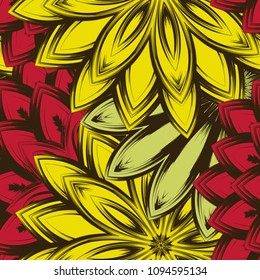 Seamless floral background. Tracery handmade nature ethnic fabric backdrop pattern with flowers. Textile design texture. Decorative color art. Vector