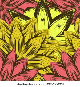 Seamless floral background. Tracery handmade nature ethnic fabric backdrop pattern with flowers. Textile design texture. Decorative color art. Vector