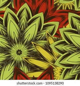 Seamless floral background. Tracery handmade nature ethnic fabric backdrop pattern with flowers. Textile design texture. Decorative color art. Vector