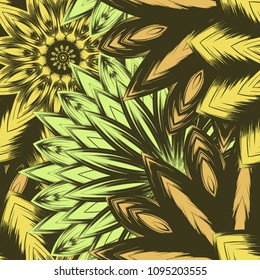 Seamless floral background. Tracery handmade nature ethnic fabric backdrop pattern with flowers. Textile design texture. Decorative color art. Vector